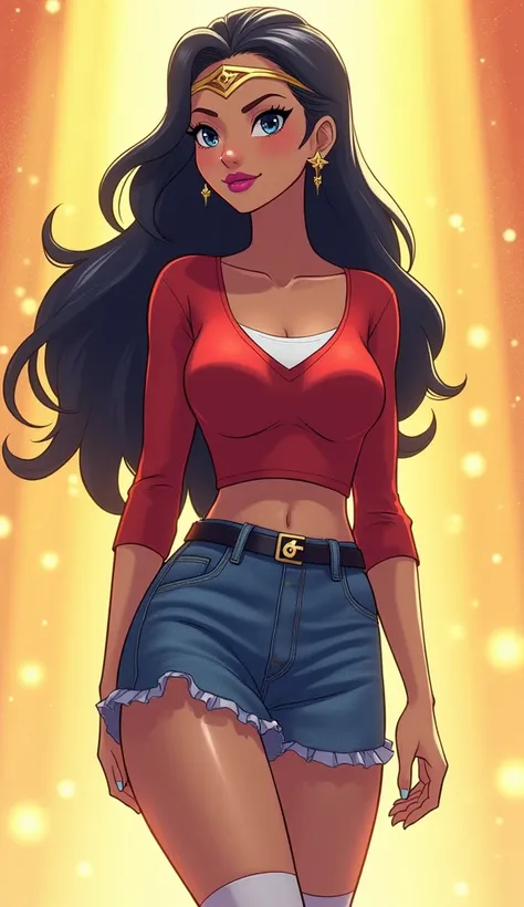 (Close up), (Close up from top of head to bottom of thigh) ((Diana Prince from DC Super Hero Girls 2019)), Diana is a slender, beautiful and tall and tan-skinned young Amazonian demigod with an athletic and fit hourglass figure, thick black eyebrows, sky-b...