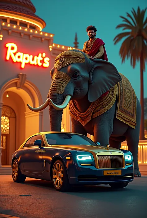 A rolls royce parked with  number plate ANAND SINGH infront of villa  called Rajputs in neon light and broad road where a full grown elephant is standing with huge tusk covered on gold and a warrior Indian king sitting on his top with sward in his hand who...