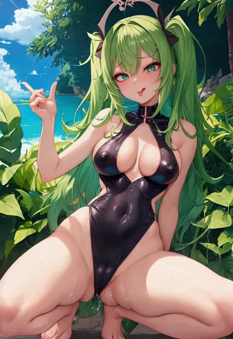 Green Hair、Introvert、Bangs that cover one eye、Messy Hair、M-shaped legs、Bow-legged、Spread your legs wide apart、squat、Showing off your crotch、Showing off your crotch、Embarrassed look、Worried brow、Rubbing one&#39;s crotch、Open your mouth wide、Tongue out、lick、...