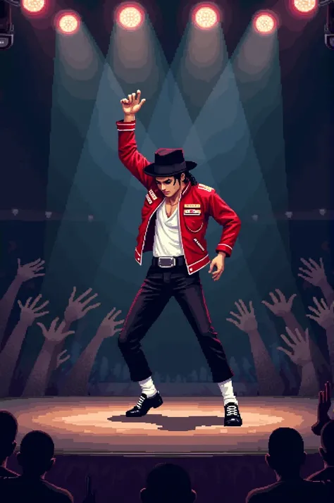 Michael jackson dancing thriller on stage, thriller suite, pixel art style, 8bit