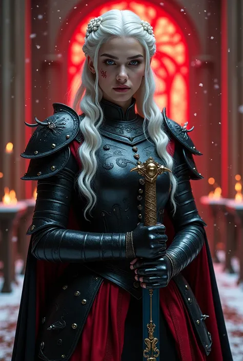  with wavy white hair,side braids,beautiful colar, Targaryen women hairstyle,beautiful gold tiara, Red and black dress, ((better qualitative)) , (detailed), Visenya Targaryen Dazzling, Black Dragon Armor, Black Sword, Lilith inside a church, deep, shiny me...