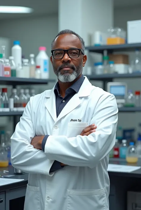 Image montrant un professeur noir de Sciences au laboratoire portant une blouse écrit JHOM SP