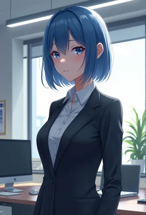 Detailed background, office, , 1 female , Straight Hair, Short hair, Blue Eyes, Business suit,