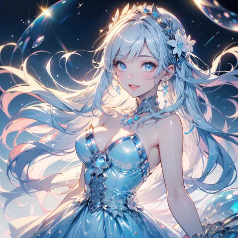 1girl,Perfect Anatomy、(((Best Quality、Masterpiece、Super detailed、Dynamic composition)))、Official Art、Anime Style、Fantasy、Absurd、Mysterious World、Milky white and blue gradient hair、Fluffy white circle hair accessory、Cute  with the best smile in soap bubbles...