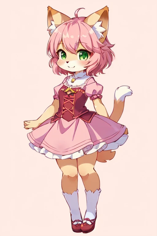 anime art of a pink cat with green eyes and a pink dress, pixie character, cute character, official character art, full body portrait of a short!, official concept art, character art of maple story, fullbody commission for, fursona art, female furry mini c...