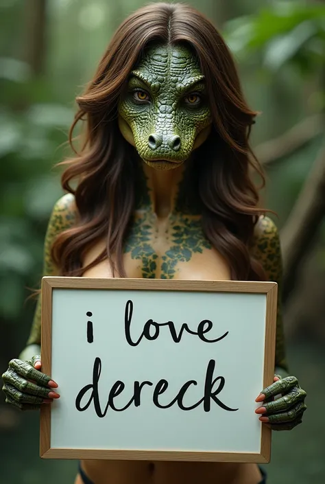 Beautiful brunette crocodile girl with long wavy hair, Naked, very hairy vagina, too much pubic hair, holding a whiteboard with the text "I Love Dereck." and showing it to the viewer