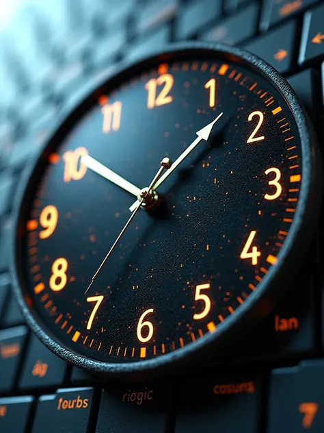 A clock face with codeing symbols like arrows, semicolons, run symbol, bug symbol, JS symbol, HTMl logo, CSS logo instead of numbers, and hands made of keyboard keys.