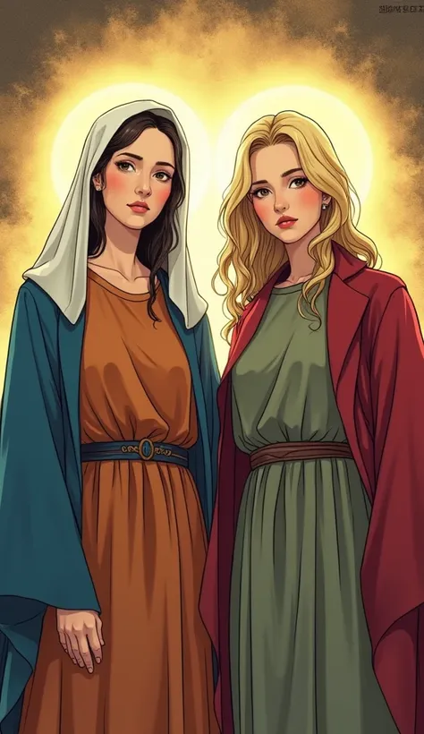 ((Korean comics)), Virgin Mary and Mary Magdalene looking into the camera。Virgin Mary in auburn tunic, Blue Coat, White Veil。Mary Magdalene wears a green-grey tunic, Red Coat, Rich blonde。Golden Aura