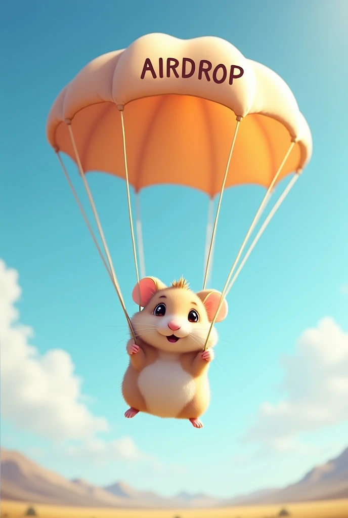 A Hamster drop from sky with parachute  and into the parachute write Airdrop big front png format 