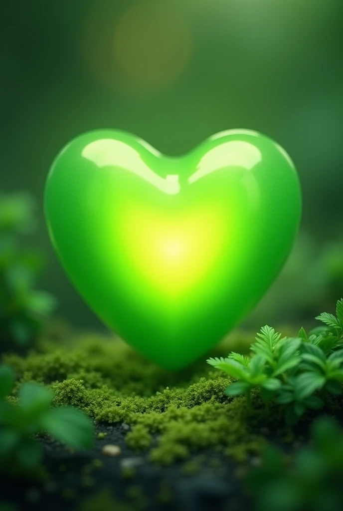 Render a vibrant, luminous bright green heart emoji, radiating warmth and serenity, against a subtle, organic background that evokes a sense of connection to nature, such as a faint leaf pattern or a soft, feathery texture, conveying feelings of comfort, h...