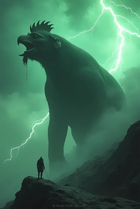 "Visualize a daunting and mysterious monster with the bulk of an elephant and the head of a hen bird, bellowing from the summit of a treacherous mountain. The stormy sky, filled with dangerous green lightning, adds to the creature’s fearsome presence, rend...