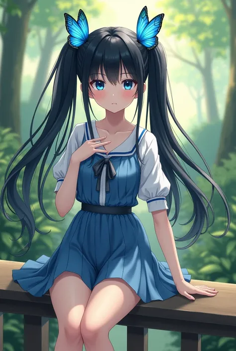 Anime girl long black hair tied in pigtails blue eyes with blue butterfly in hair on a fence