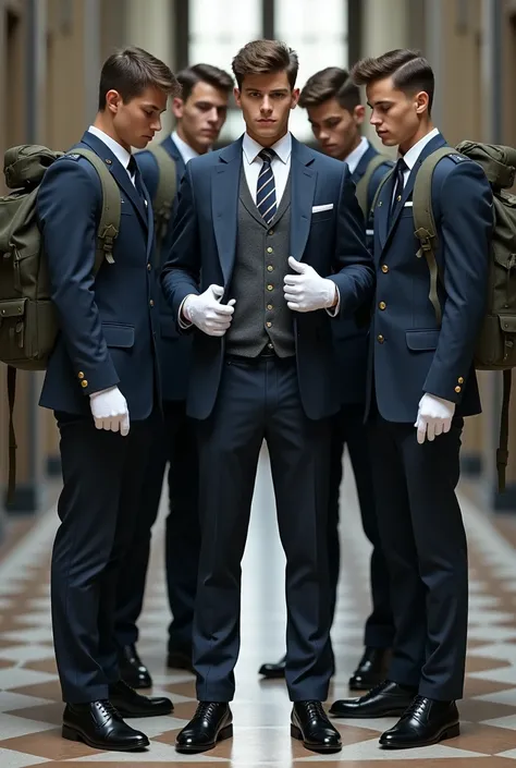 Perfectly super realistic muscular cadet gentlemen, wearing perfectly neat suit and tie uniforms, a perfect neat white shirt, perfect neat striped tie, school shorts, sweater vest, knee socks, boots, dirty white gloves, carrying heavy military backpack, he...