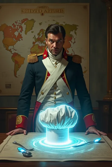 Napoleon Bonaparte in his military uniform, standing next to a strategy map, looking surprised at a small hologram of a chefs hat and modern kitchen utensils