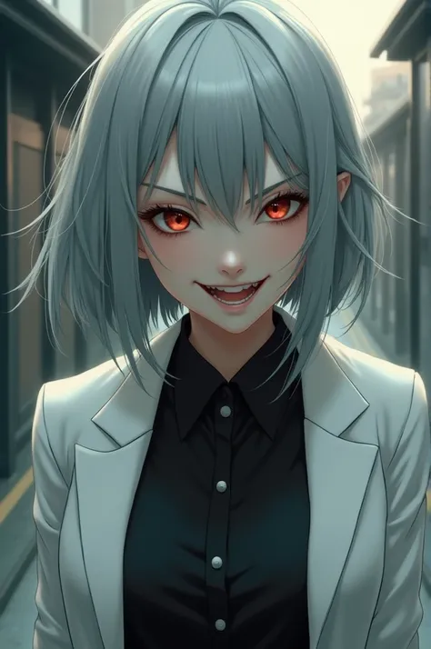 masterpiece, best quality, ((outdoor:1.4)), ((pov, upper body, face focus)), 1girl, solo, Suzune, ((short hair, gray hair)), Suzunes clothes, white jacket, black shirt, evil smile, teeth mouth,