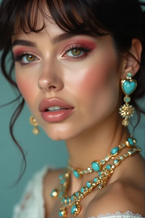 a close-up portrait of an extremely beautiful and extremely voluptuous girl with dazzling brown eyes, glossy turquoise diamond lipstick, matching vibrant pale pink eyeshadow, short hairstyle, wearing super jewelry luxury, makeup art masterpiece, jewelry ma...