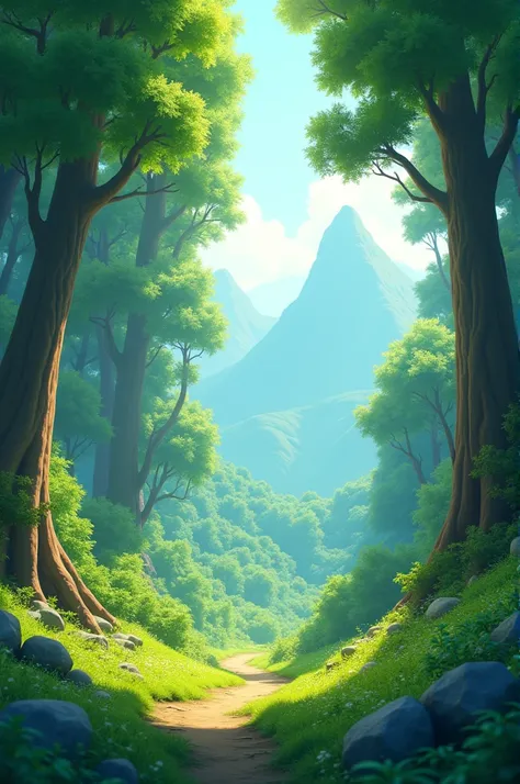 In cinematic 3D cartoon style"
A peaceful forest scene set on the slopes of Rishyamook Mountain, surrounded by tall, ancient trees. The forest is lush and green, with soft sunlight filtering through the leaves, creating dappled light and shadow on the grou...