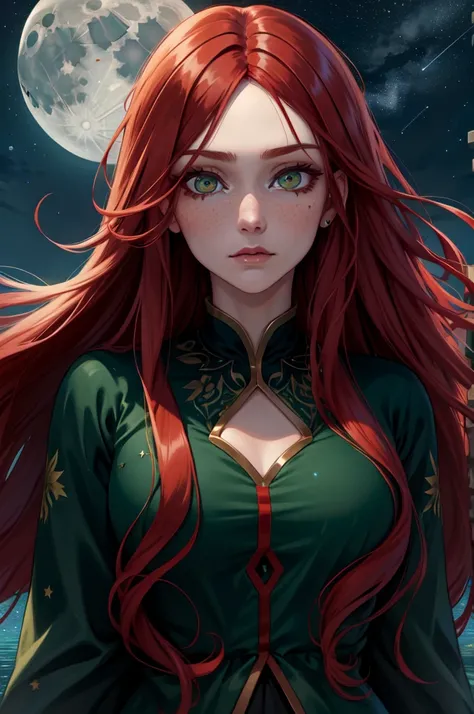 Renala, long red hair, green eyes,upper body,sad expression,
Empty lake, Moon close up,night,the stars are insanely detailed, beautiful detailed face, masterpiece, detailed eyes, high quality),  