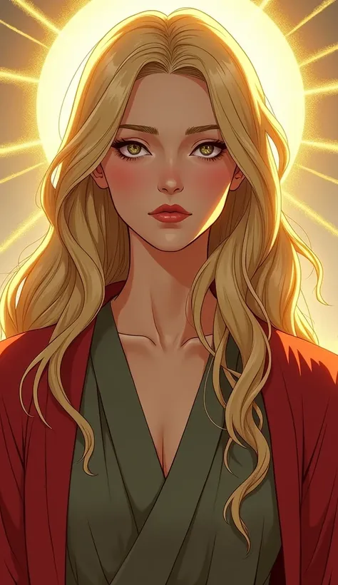 ((Korean comics)), Mary Magdalene gazing dreamily into the camera, Green-gray tunic, Red Coat, Rich blonde。Golden Aura。