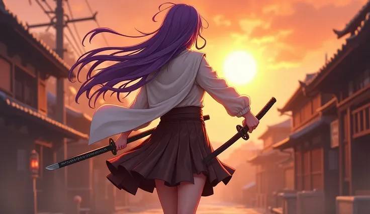 walking samurai woman, hand on katana, long purple hair, japanese medieval village, sunset, leather dark brown skirt,  light white floating   jacket, video game, kawaii, warrior, angry, battle damage