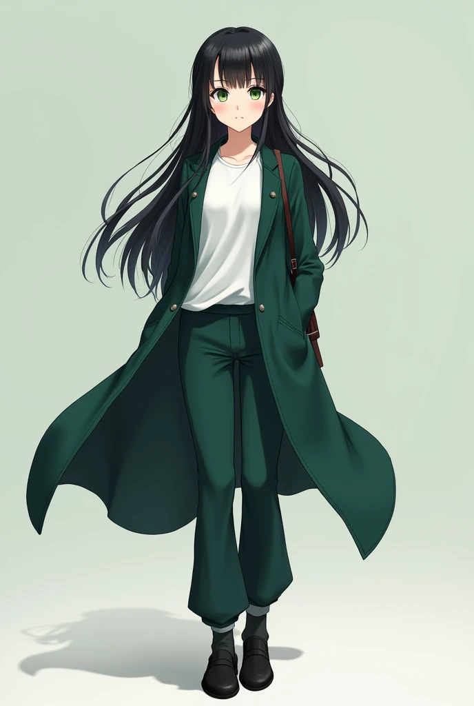 girl 1, black long hair with a "Hime" hairstyle and green-blue eyes. shes wearing Furin High School uniform with an extended-length, dark green, tailcoat left unbuttoned over a white t-shirt, paired with dark green pants and a black pair of shoes.