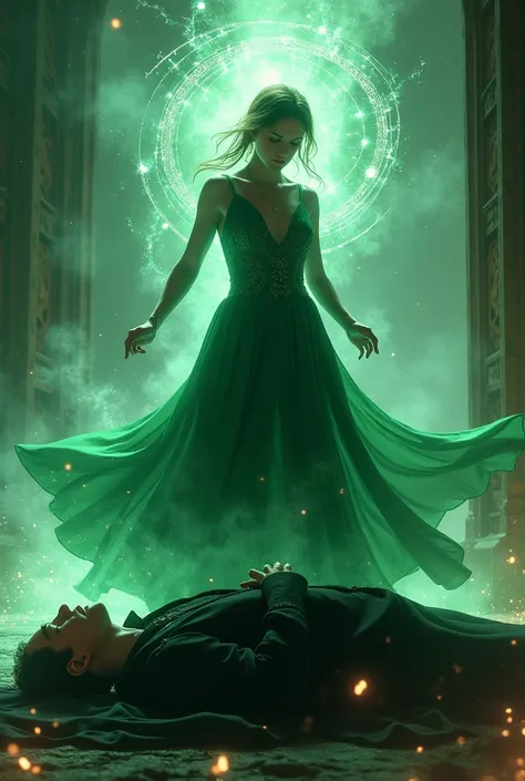 I want a scean while harry poter wearing a green dress taking a spell while voldamort body is next to him