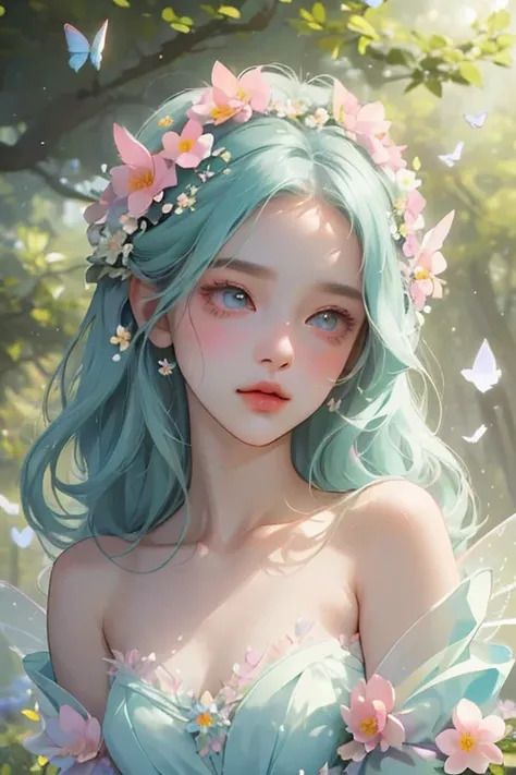 ultra-detailed,(Best Quality, masterpiece), One girl, Pose, particle, wind, flower, bust, Pastel color scheme, Looking at the audience, flower Fairy, forest, butterfly, Delicate facial features,symmetrical eyes, beautiful eyes