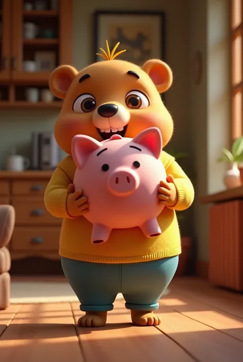 In cinematic 3d style,,Character A, a cartoon bear named Bholu with a large round face, large eyes, and a simple expression, dressed in a yellow shirt and blue pants,
Action;Bholu is standing inside the house holding a piggy bank in his hand and is about t...