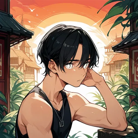 score_9, score_8_up, score_7_up, score_6_up, score_5_up, score_4_up, masterpiece, best quality, source_anime,2D、flat、1man, Black Hair、M、Three white eyes、Black sleeveless man、Sunset、sit