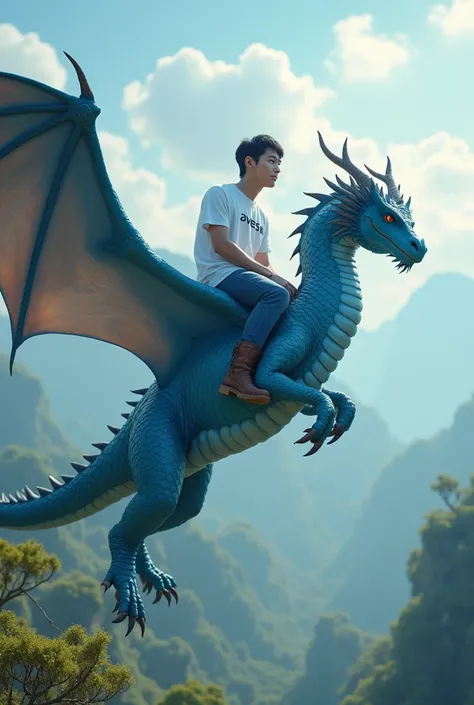 Make a video of a handsome (35) Korean guy, white t-shirt text"Avesa” JEANS AND BOOTS BOOTS, is sitting on a dragon which is blue and has scales and he rides this dragon in the sky and he can see under the sky his land is very green and the view is amazing...