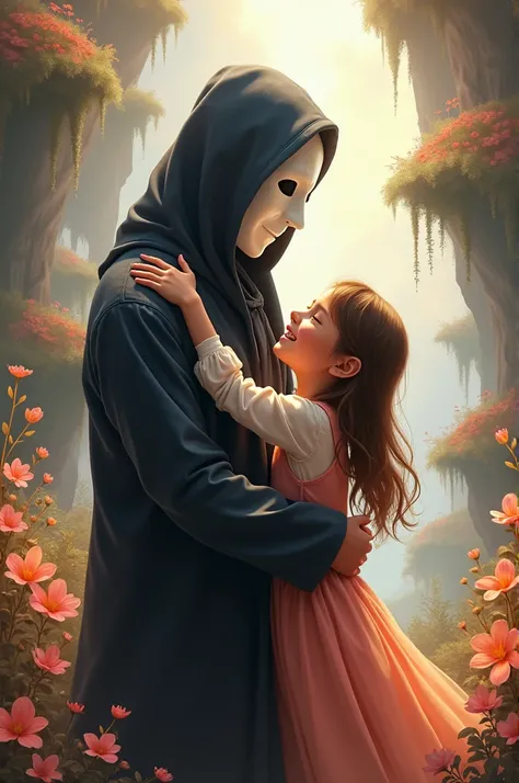 Girl with happy face hugs guy, whose face is hidden by a white mask against the backdrop of a fantasy world