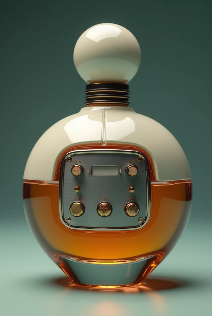 I need you to generate a 50 ML bottle for a perfume A round silhouette with round edges a slightly raised panel with a retro touch I need it to have computer buttons and a metal plate 