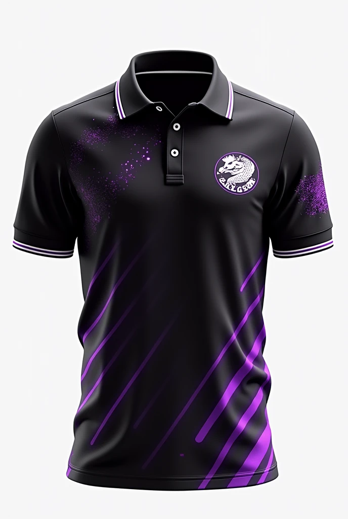 Design of a polo-style polo shirt with a solid black base and a graphic design of diagonal lines in purple and white tones that go from the lower left corner to the upper right corner., with a geometric and futuristic effect. On the upper left chest, I wan...