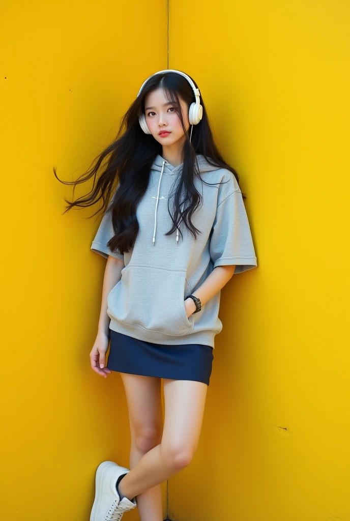 "Korean beauty with K-POP style surreal female image, length, Wavy black hair. Behind the yellow wall、Grey Nike short sleeve hoodie、Navy blue mini skirt、White Jordan Sneakers(NIKEJORDAN). She is listening to music with headphones。