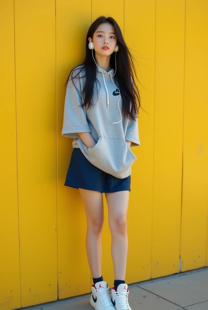 "Korean beauty with K-POP style surreal female image, length, Wavy black hair. Behind the yellow wall、Grey Nike short sleeve hoodie、Navy blue mini skirt、White Jordan Sneakers(NIKEJORDAN). She is listening to music with headphones。