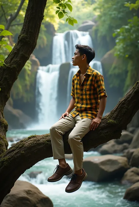 An Indonesian young man sitting on a tree branch, dressed in a yellow and black checkered button-down shirt, cream chino pants, beneath him a rocky river flowing fast, multi-waterfall background, a little sunlight, the result of Leica camera series no. 122...