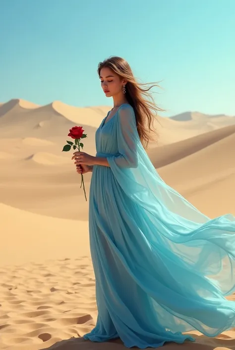 "A beautiful girl standing in a vast desert, wearing a flowing blue dress. She is holding a single red rose in her hand. The sandy desert dunes stretch out in the background with a clear blue sky overhead. The wind gently moves her hair, and she stands cal...