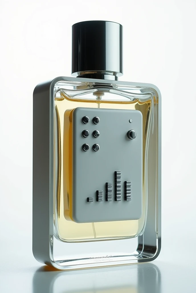 I need you to generate a 50 ML bottle for a perfume A rectangular silhouette with rounded edges A slightly raised panel with a retro-futuristic touch I need it to have computer buttons and a metal plate with an equalizer Reflective lid 