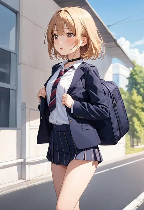 Build something amazing, Black choker, Blonde、Brown Hair　High school girl.Strip Section.On the way home from school.Taking off your uniform on the way to school.