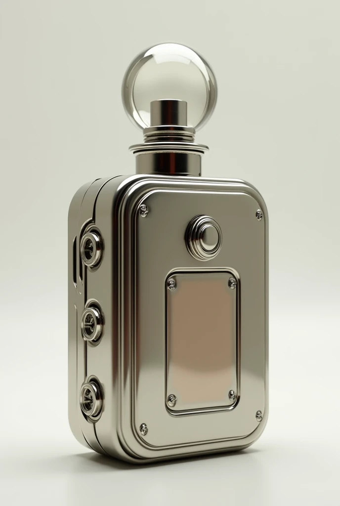 I need you to generate a 50 ML bottle for a perfume A rectangular silhouette with round edges a slightly raised panel with a retro futuristic touch I need it to have computer buttons and a metal plate with a transparent lid 