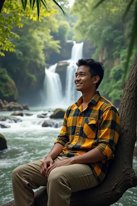 A young Indonesian man sits on a tree branch, wearing a yellow and black checkered button-down shirt, beige chino pants, his facial expression looks forward with a slight smile, (portrait photo) below him is a rocky river flowing fast, multi-waterfall back...