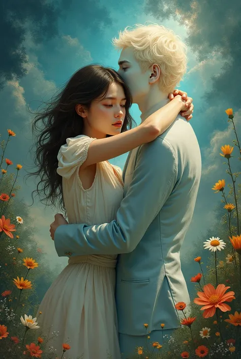 Cover for the song. girl hugs guy. The guy looks normal, but he has no face. They stand on the background of a fantasy world. There is only one real girl here., because the world and the guy are her fantasy. 