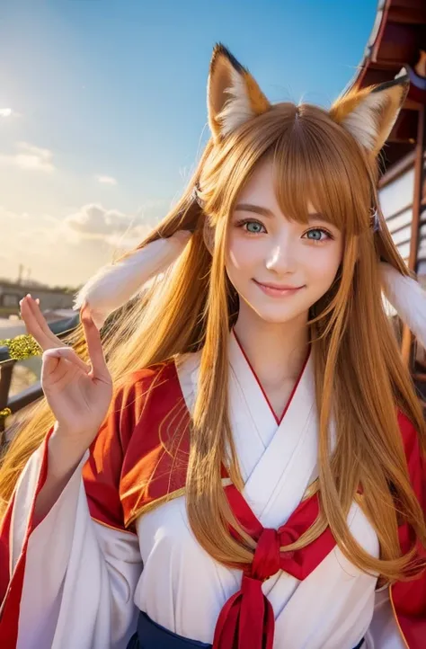 A beautiful fox-eared beastman,long hair of beautiful golden color,Beautiful clear blue eyes,Great smile,Shrine Maiden&#39;s Clothing,Beautiful shrine grounds