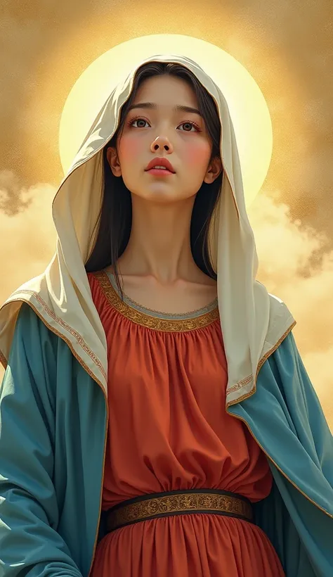 ((Korean comics)), Virgin Mary gazing dreamily at the camera。Red Tunic,Blue Coat, White Veil, Golden Aura