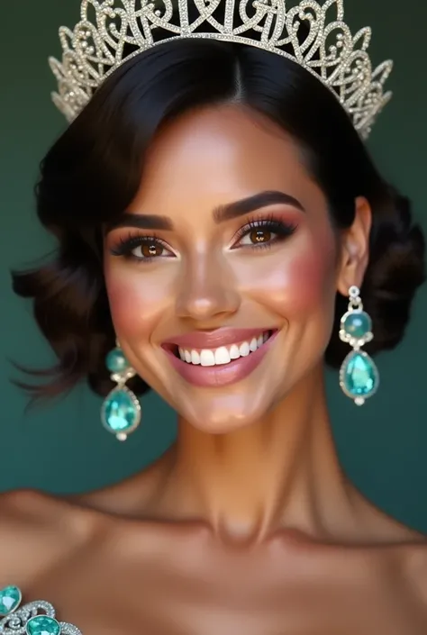 a close-up portrait of fullbody an extremely very beautiful girl 1 and extremely voluptuous girl with dazzling brown eyes, she very sexiest and very beautiful smile as Miss Universe, wearing luxuriest crown of Kingdom, glossy turquoise diamond lipstick, sh...