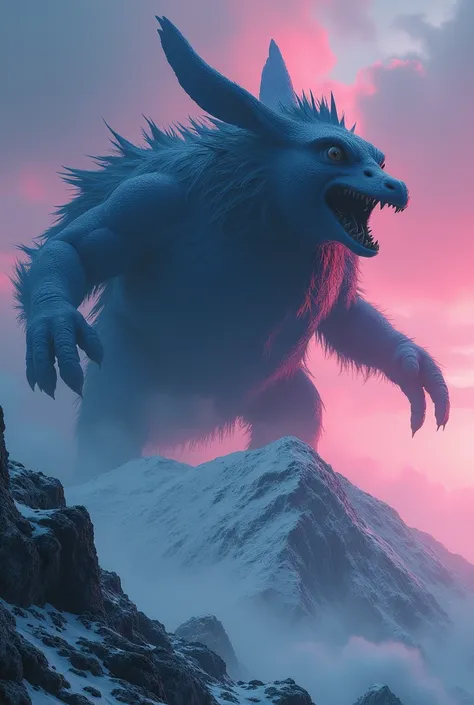 "Visualize an imposing and mysterious monster with the massive size of a giant duck combined with the features of a rabbit, roaring defiantly from atop a frozen mountain. The creature’s dark blue skin contrasts with the dangerous pink light in the stormy s...