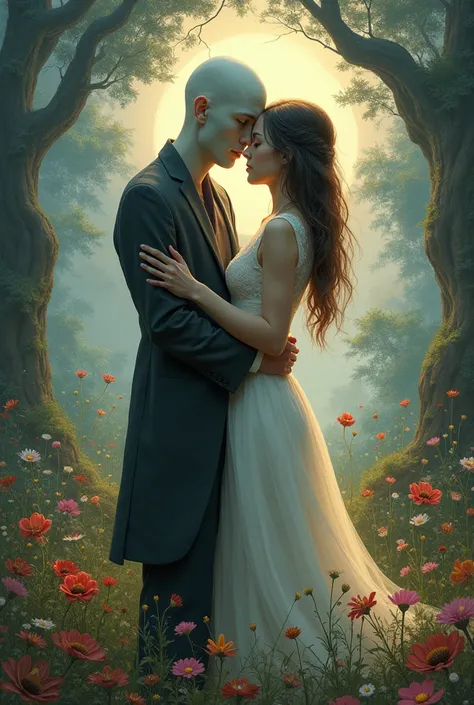 Cover for the song. girl hugs guy. The guy looks normal, but he has no face. They stand on the background of a fantasy world. There is only one real girl here., because the world and the guy are her fantasy. 