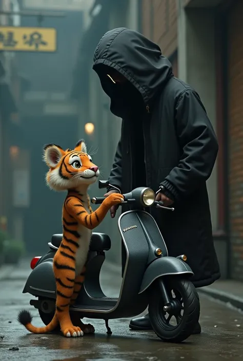 a small tiger-like boy with a mix of human and lion features, standing by his scooter, asks the man in black if he’s the passenger. The man silently nods and climbs onto the back of the scooter, his face still obscured."