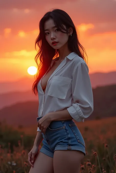 Beautiful Asian woman with big breasts wearing a white shirt and blue shorts,20 years old, Watching the sunset, Fine face with beautiful eyes, Nose and lips, Realistic, 8k, Very detailed, masterpiece, Dramatic lighting, Brilliant sunset colors, Serene land...