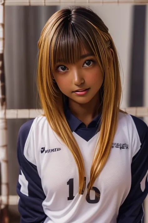 (((( one girl )))), Put your hand over your mouth、Beautiful breasts、 Brown eyes, ((Gal Hairstyles)) blonde, girl, (Eye and facial details:1.0), break, (masterpiece, Highest quality, Very detailed, Detailed face, 8k),( dark skin:2.05 ), (((( volleyball unif...